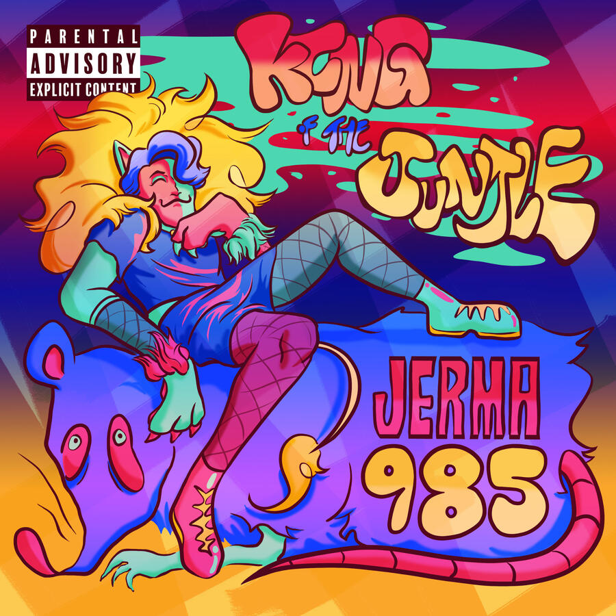 A fake album cover, hand-lettered, inspired by an Internet personality. This piece embraces all that is gaudy and neon!